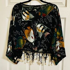 Black Fish Print Top with Shell Tassel Hem